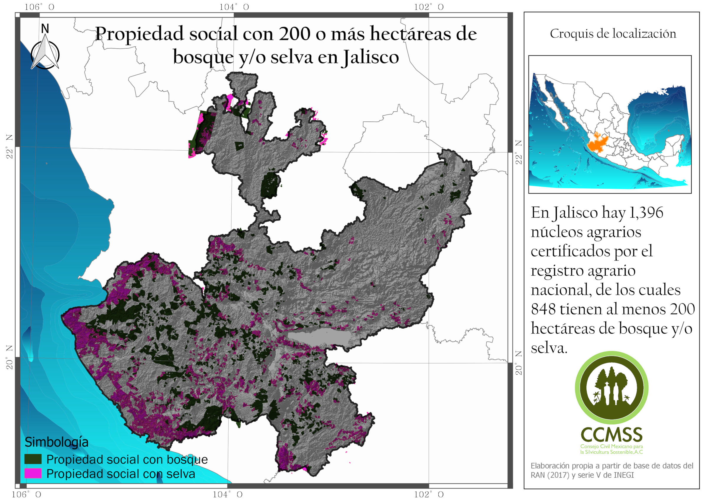 Núcleos agrarios con al menos 200 ha de bosque y/o selva en Jalisco