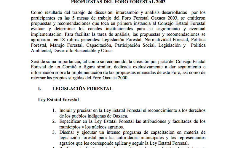 Propuestas del Foro Forestal Oaxaca 2003