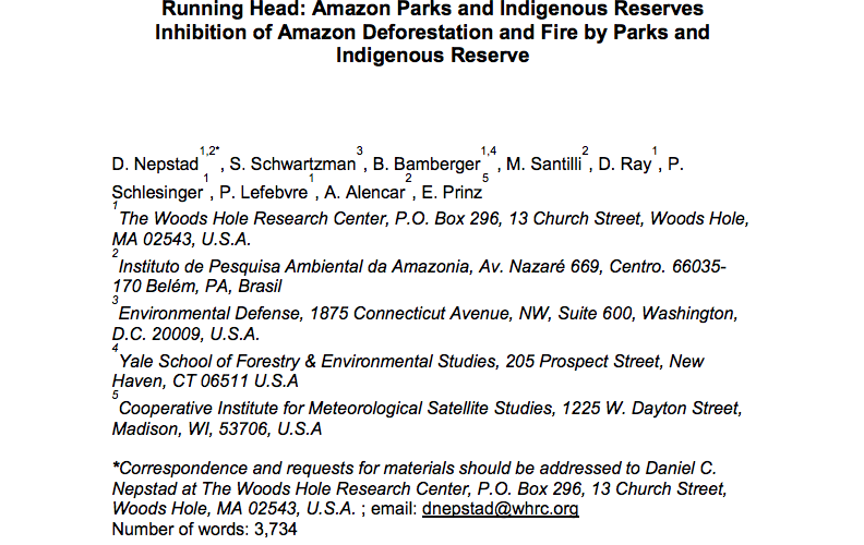 Running Head; Amazon Parks and Indigenous Reserves. Inhibition of Amazon Deforestation and Fire by Parks and Indigenous Reserve