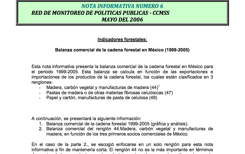 Nota Informativa 6. Balanza comercial de la cadena forestal en México (1999-2005)