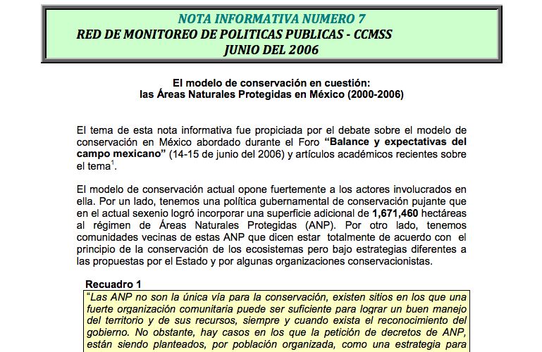 Nota Informativa 7. El modelo de conservación en cuestión: Las Áreas Naturales Protegidas en México