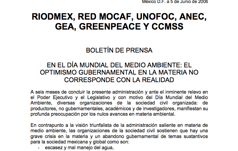 Boletín de Prensa, en el Día Mundial del Medio Ambiente; el optimismo gubernamental en la materia no corresponde con la realidad