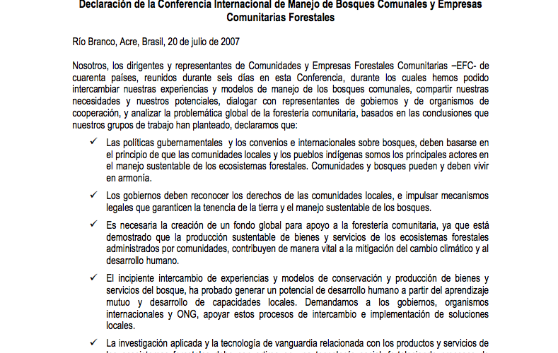 Declaración de la Conferencia Internacional de Manejo de Bosques Comunales y Empresas Comunitarias Forestales