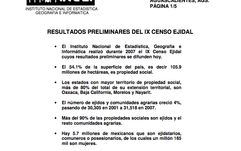Resultados preliminares del IX censo ejidal