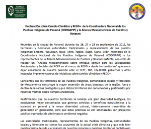 Declaración sobre Cambio Climático y REDD+ de la Coordinadora Nacional de los Pueblos Indígenas de Panamá (COONAPIP) y la Alianza Mesoamericana de Pueblos y Bosques