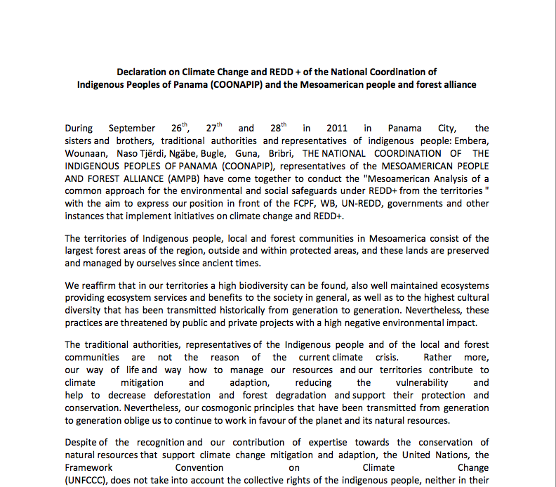 Declaration on Climate Change and REDD+ of the National Coordination of Indigenous Peoples of Panama (COONAPIP) and the Mesoamerican people and forest alliance