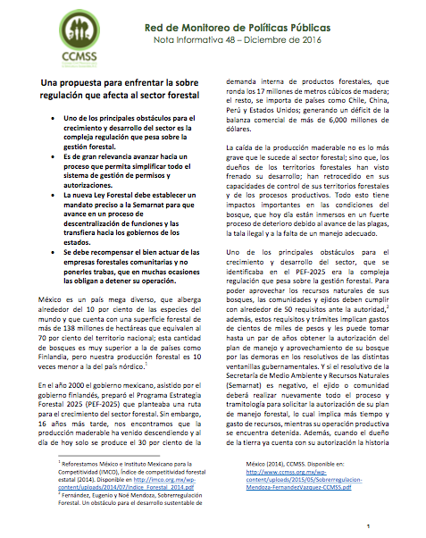 Nota Informativa 48 – Una propuesta para enfrentar la sobre regulación que afecta al sector forestal en México