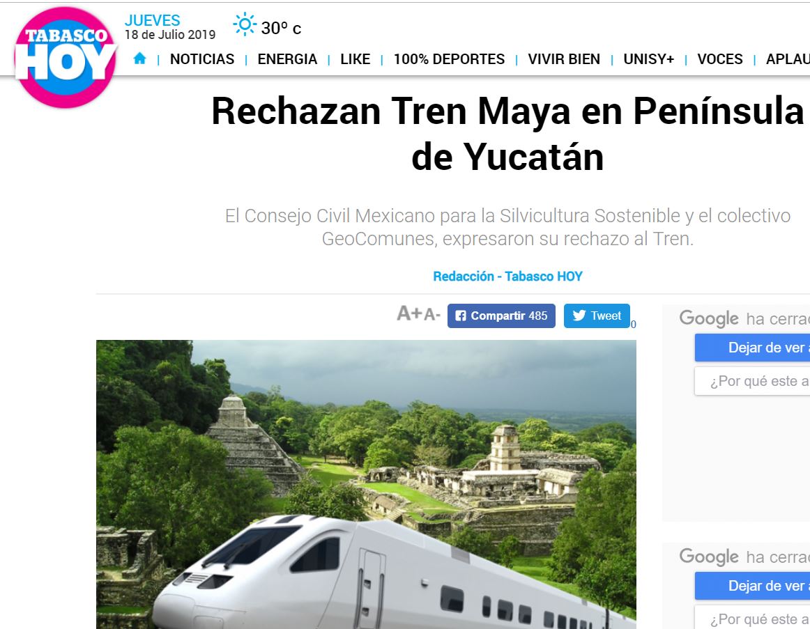 Rechazana Tren Maya en Península de Yucatán