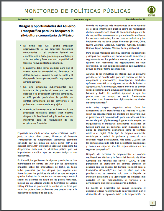Nota informativa 44: Riesgos y oportunidades del Acuerdo Transpacífico para los bosques y la silvicultura comunitaria de México