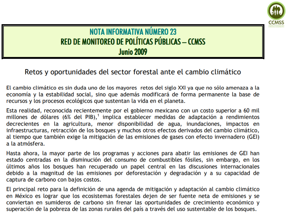 Nota Informativa 23. Retos y oportunidades del sector forestal ante el cambio climático