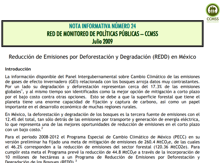 Nota Informativa 24. Reducción de emisiones por deforestación y degradación (REDD) en México