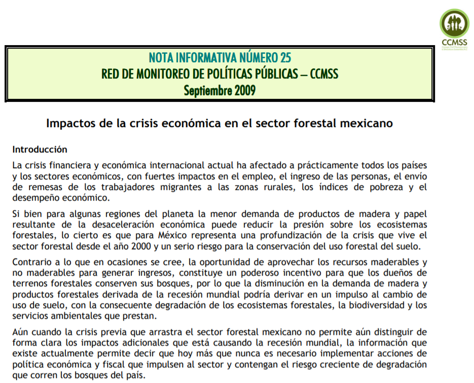 Nota Informativa 25. Impactos de la crisis económica en el sector forestal mexicano