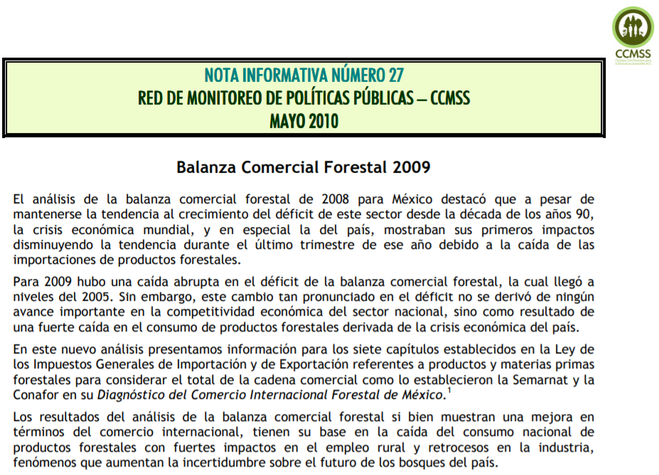 Nota Informativa 27. Balanza comercial forestal 2009