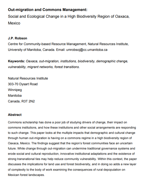 Out-migration and Commons Management: Social and Ecological Change in a High Biodiversity Region of Oaxaca, Mexico