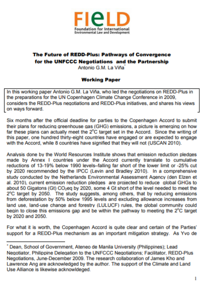 The future of REDD-Plus: Pathways of Convergence for the UNFCCC Negotiations and the Partnership