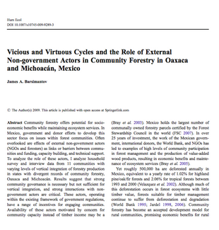 Vicious and Virtuous Cycles and the Role of External Non-government Actors in Community Forestry in Oaxaca and Michoacan, Mexico