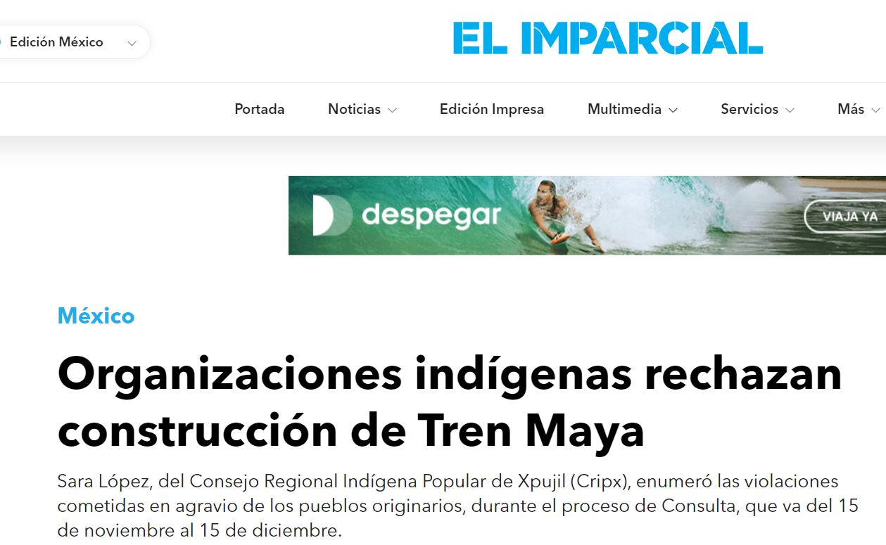 Organizaciones indígenas rechazan construcción de Tren Maya